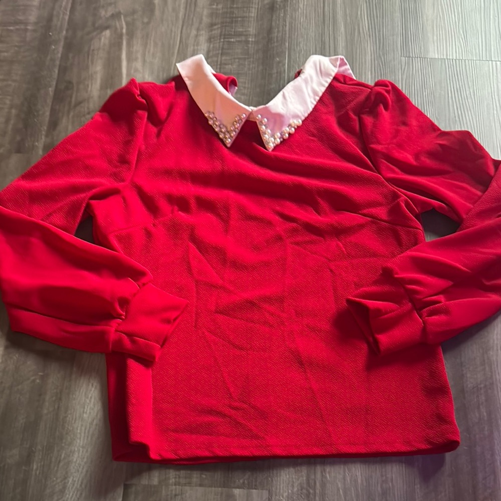 Red Long Sleeve Top with Pearl Collar
